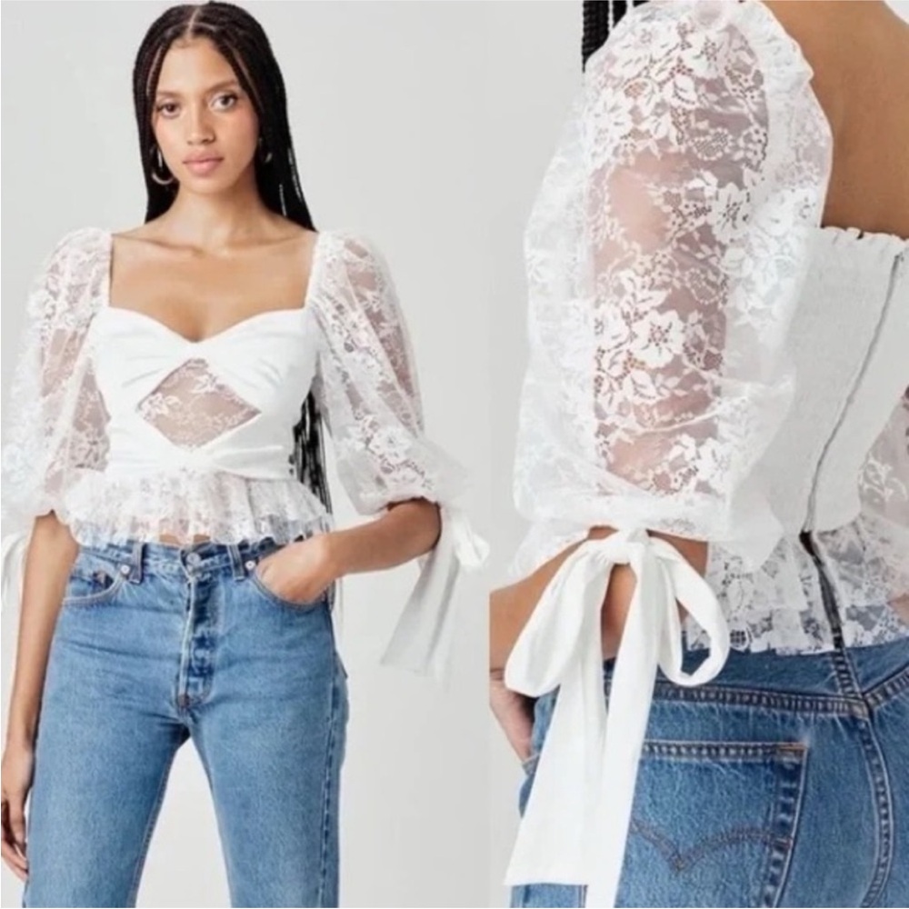 For Love & Lemons Sonia White Lace Puff-Sleeve Cropped Top